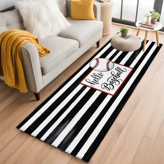 Area Rug 2x6ft Hello Baseball Words Area Rugs Washable Low Pile Floor Carpet for Bedroom, Black White Striped Non Slip Soft Rugs for Living Room Entryway Dining Room
