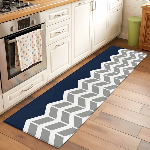 Area Rug 2x6ft Herringbone Pattern Washable Area Rugs for Living Room Vintage Navy Blue Grey Non-Slip Kitchen Mats Soft Carpet for Entryway, Bathroom, Office, and Home Decor