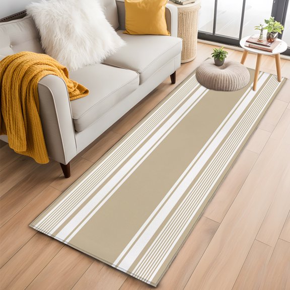 Area Rug 2x6ft Horizontal Beige Stripes Area Rugs Washable Low Pile Floor Carpet for Bedroom, Solid Tone Geometric Lines Non Slip Soft Rugs for Living Room Entryway Dining Room