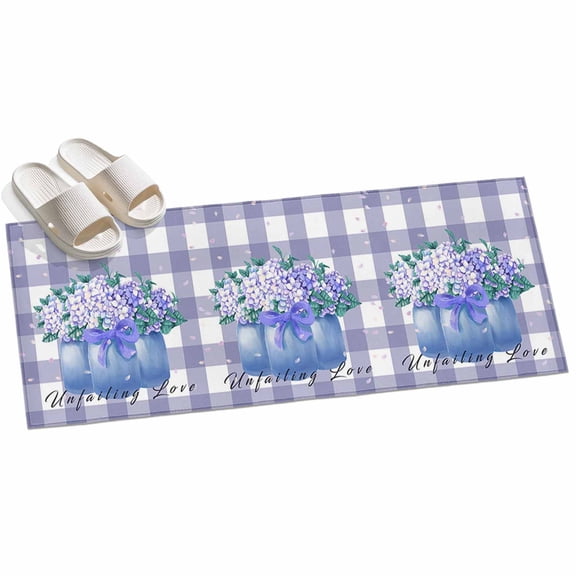 Area Rug 2x6ft Hydrangea with Bottle Floral Area Rugs for Kitchen Runner Rug Purple Buffalo Check Non Slip Floor Carpet Mat for Kitchen Entryway Bathroom Office Home Decor