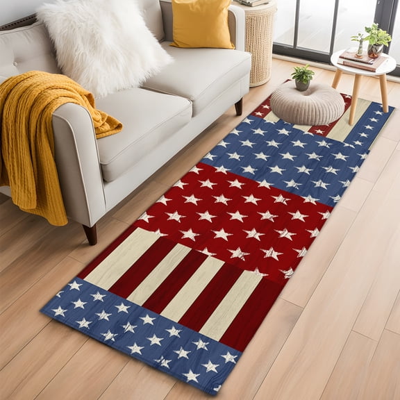 Area Rug 2x6ft Independence Day Patriotic USA Flag Area Rugs Washable Low Pile Floor Carpet for Bedroom, Blue Red Stars Stripes Non Slip Soft Rugs for Living Room Entryway Dining Room