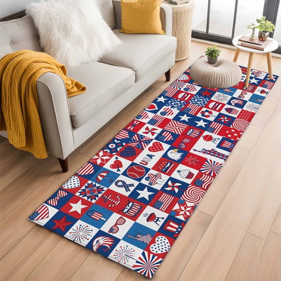 Area Rug 2x6ft Independence Day USA Flag Area Rugs Washable Low Pile Floor Carpet for Bedroom, Abstract Geometric July 4th Non Slip Soft Rugs for Living Room Entryway Dining Room