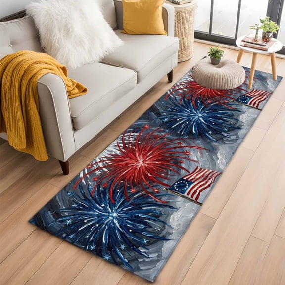 Area Rug 2x6ft Independence Day USA Flag Area Rugs Washable Low Pile Floor Carpet for Bedroom, Red Blue White Fireworks Non Slip Soft Rugs for Living Room Entryway Dining Room