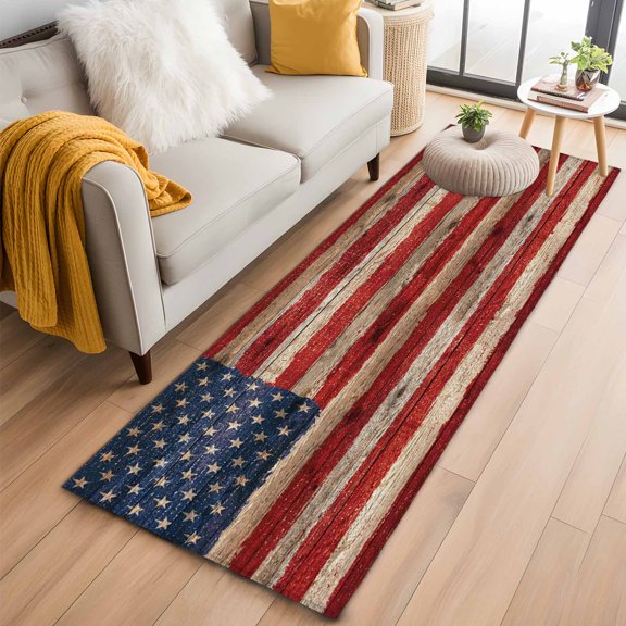 Area Rug 2x6ft Independence Day USA Flag Area Rugs Washable Low Pile Floor Carpet for Bedroom, Retro Stars Stripe Wooden Non Slip Soft Rugs for Living Room Entryway Dining Room
