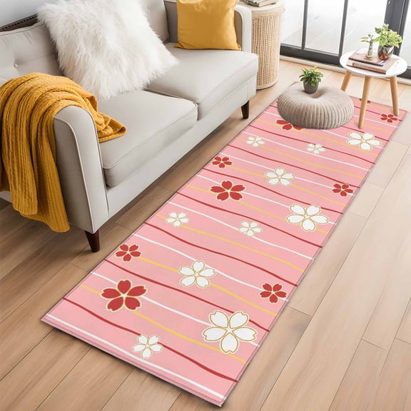 Area Rug 2x6ft Japanese Cherry Blossoms Area Rugs Washable Low Pile Floor Carpet for Bedroom, Pastel Pink White Striped Non Slip Soft Rugs for Living Room Entryway Dining Room