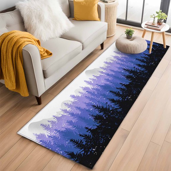 Area Rug 2x6ft Landscape Black Purple Tree Shadow Area Rugs Washable Low Pile Floor Carpet for Bedroom, Mountain Forest Scenery on White Non Slip Soft Rugs for Living Room Entryway Dining Room