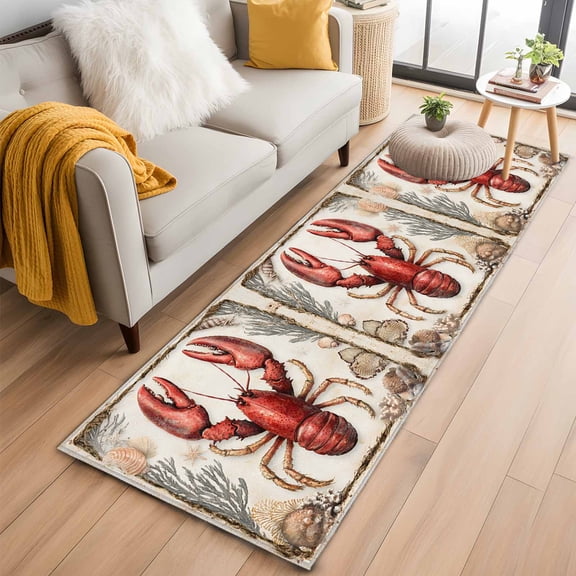 Area Rug 2x6ft Lobster Beach Conch Coral Area Rugs Washable Low Pile Floor Carpet for Bedroom, Summer Ocean Theme Non Slip Soft Rugs for Living Room Entryway Dining Room