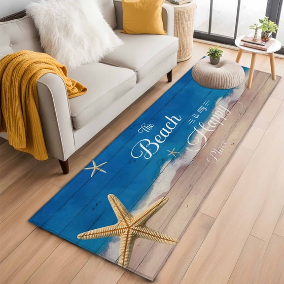 Area Rug 2x6ft Marine Theme Beach Starfish Area Rugs Washable Low Pile Floor Carpet for Bedroom, Happy Place Quote Wooden Plank Non Slip Soft Rugs for Living Room Entryway Dining Room