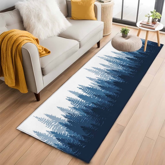 Area Rug 2x6ft Modern Art Forest Trees Shadow Area Rugs Washable Low Pile Floor Carpet for Bedroom, Gradient Black Blue on White Non Slip Soft Rugs for Living Room Entryway Dining Room