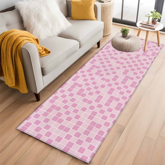 Area Rug 2x6ft Modern Geometric Square Lattice Area Rugs Washable Low Pile Floor Carpet for Bedroom, Pink Buffalo Checker Ombre Non Slip Soft Rugs for Living Room Entryway Dining Room