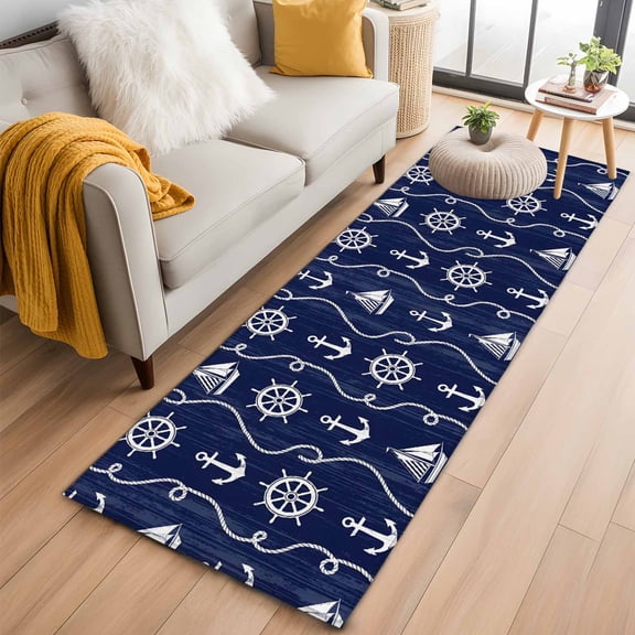 Area Rug 2x6ft Nautical Anchor Sailboat Area Rugs Washable Low Pile Floor Carpet for Bedroom, Deep Navy Blue Background Non Slip Soft Rugs for Living Room Entryway Dining Room