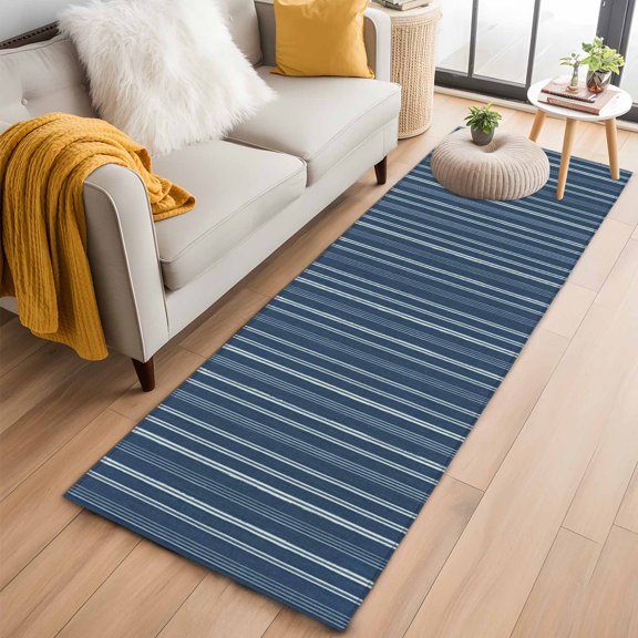 Area Rug 2x6ft Navy Blue Deep Linear Area Rugs Washable Low Pile Floor Carpet for Bedroom, Minimalist Geometric Striped Non Slip Soft Rugs for Living Room Entryway Dining Room