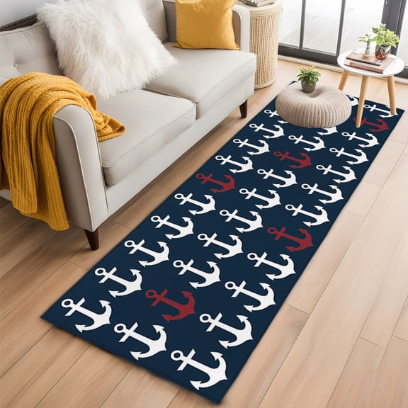 Area Rug 2x6ft Ocean Nautical White and Red Ship's Anchor Area Rugs Washable Low Pile Floor Carpet for Bedroom, Dark Blue Non Slip Soft Rugs for Living Room Entryway Dining Room
