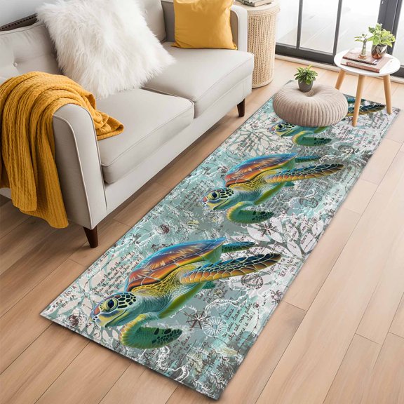 Area Rug 2x6ft Ocean Sea Turtle Nautical Map Area Rugs Washable Low Pile Floor Carpet for Bedroom, Underwater Marine Life Non Slip Soft Rugs for Living Room Entryway Dining Room