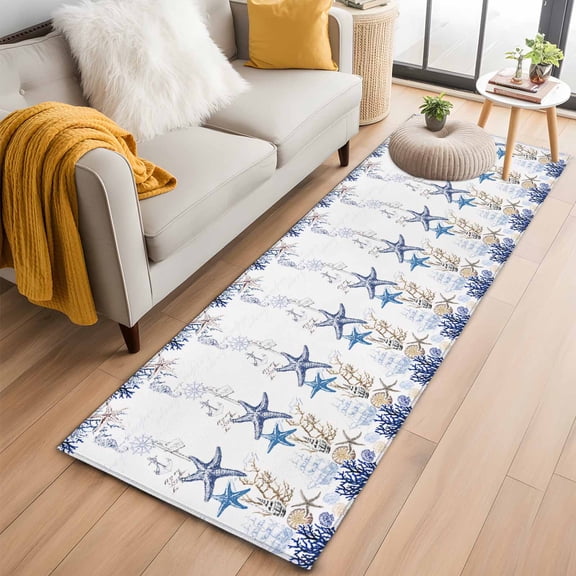 Area Rug 2x6ft Ocean Starfish Blue Coral Area Rugs Washable Low Pile Floor Carpet for Bedroom, Boat Nautical Anchor Non Slip Soft Rugs for Living Room Entryway Dining Room