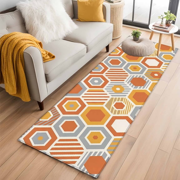 Area Rug 2x6ft Orange Gray Hexagon Carpets Indoor Floor Area Mat Washable Entrance Mat Rugs for Living Room Dining Room Kitchen Bedroom, Abstract Geometric Art Sofa Throw Carpet