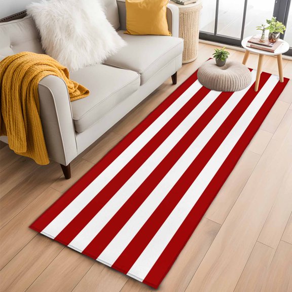 Area Rug 2x6ft Pastoral Christmas Red White Stripes Area Rugs Washable Low Pile Floor Carpet for Bedroom, Horizontal Classic Stripe Non Slip Soft Rugs for Living Room Entryway Dining Room