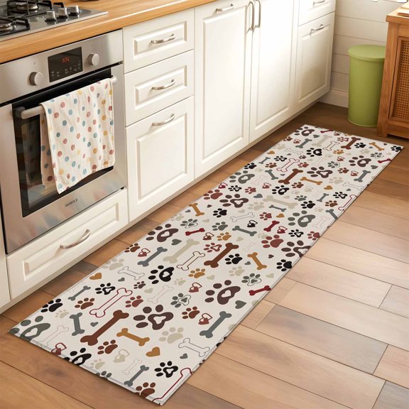 Area Rug 2x6ft Paw Print Washable Area Rugs for Living Room Brown Dog Bones Non-Slip Kitchen Mats Soft Carpet for Entryway, Bathroom, Office, and Home Decor