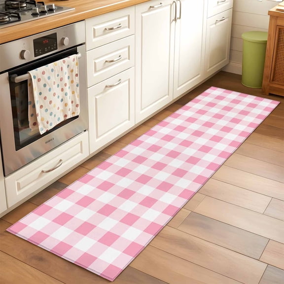 Area Rug 2x6ft Pink Buffalo Plaid Washable Area Rugs for Living Room Spring Watercolor Check Stripe Non-Slip Kitchen Mats Soft Carpet for Entryway, Bathroom, Office, and Home Decor