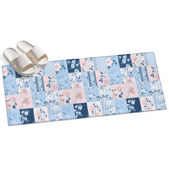Area Rug 2x6ft Pink Floral Area Rugs for Kitchen Runner Rug Farmhouse Blue VIntage Texture Non Slip Floor Carpet Mat for Kitchen Entryway Bathroom Office Home Decor