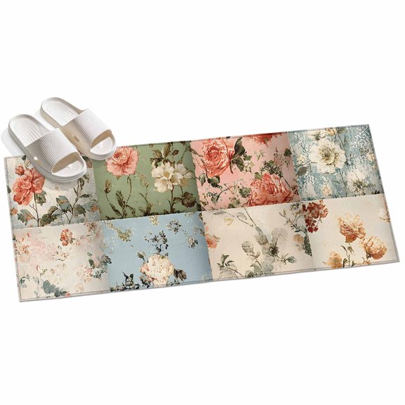 Area Rug 2x6ft Pink Floral White Flowers Area Rugs for Kitchen Runner Rug Retro Splice Lattice Non Slip Floor Carpet Mat for Kitchen Entryway Bathroom Office Home Decor