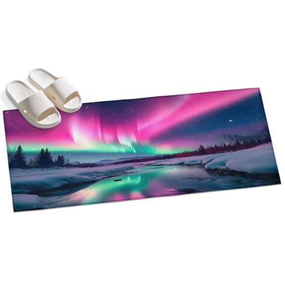 Area Rug 2x6ft Pink Purple Aurora Area Rugs for Kitchen Runner Rug Lake Snow Non Slip Floor Carpet Mat for Kitchen Entryway Bathroom Office Home Decor