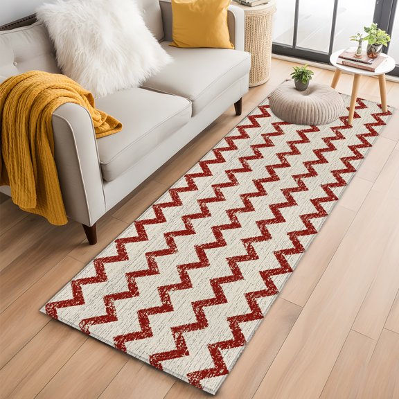 Area Rug 2x6ft Red Zigzag Stripes Area Rugs Washable Low Pile Floor Carpet for Bedroom, Off White Linen Texture Background Non Slip Soft Rugs for Living Room Entryway Dining Room