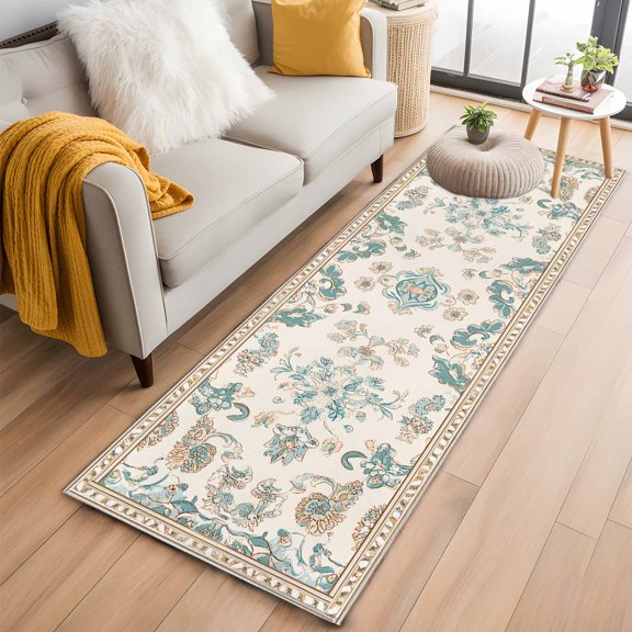 Area Rug 2x6ft Retro Bohemia Tribal Flower Border Area Rugs Washable Low Pile Floor Carpet for Bedroom, Western Farmhouse Non Slip Soft Rugs for Living Room Entryway Dining Room
