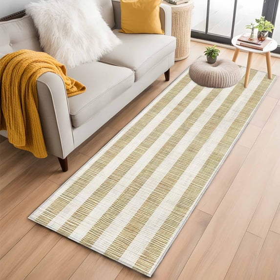 Area Rug 2x6ft Retro Brown Linen Striped Area Rugs Washable Low Pile ...