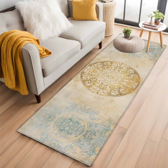 Area Rug 2x6ft Retro Floral Art Area Rugs Washable Low Pile Floor Carpet for Bedroom, Abstract Geometric Pattern Non Slip Soft Rugs for Living Room Entryway Dining Room
