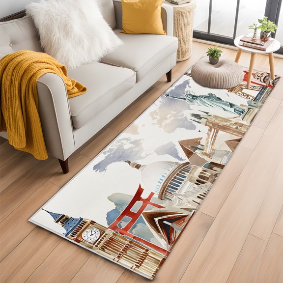 Area Rug 2x6ft Retro Maps of The World Tourism Area Rugs Washable Low Pile Floor Carpet for Bedroom, Abstract Graffiti Texture Non Slip Soft Rugs for Living Room Entryway Dining Room