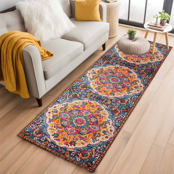 Area Rug 2x6ft Retro Medieval Turkish Tattoos Area Rugs Washable Low Pile Floor Carpet for Bedroom, Classic Boho Pattern Non Slip Soft Rugs for Living Room Entryway Dining Room