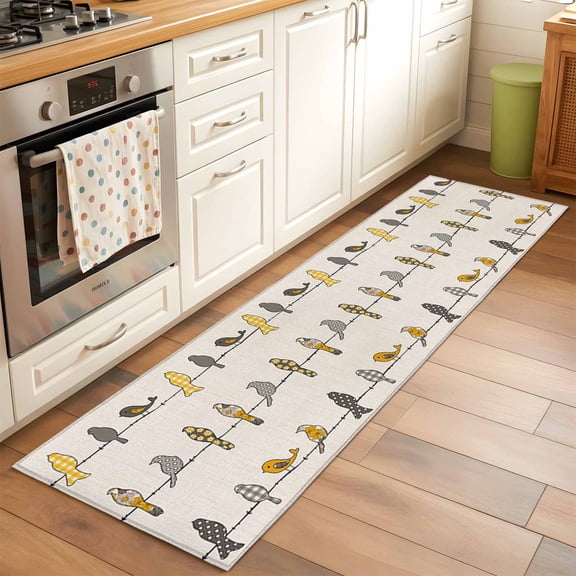 Area Rug 2x6ft Rowley Birds Floral Pattern Washable Area Rugs for Living Room Buffalo Check Plaid Yellow Gray Non-Slip Kitchen Mats Soft Carpet for Entryway, Bathroom, Office, and Home Decor