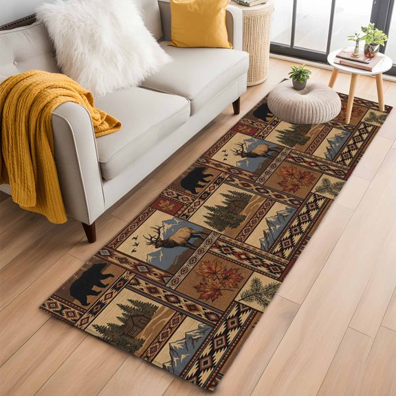 Area Rug 2x6ft Rustic Elk Bear Mountain Forest Area Rugs Washable Low Pile Floor Carpet for Bedroom, Brown Buffalo Plaid Non Slip Soft Rugs for Living Room Entryway Dining Room