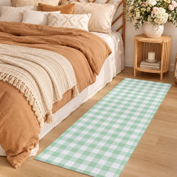 Area Rug 2x6ft Rustic Light Green and White Plaid Low Pile Washable Rug ...