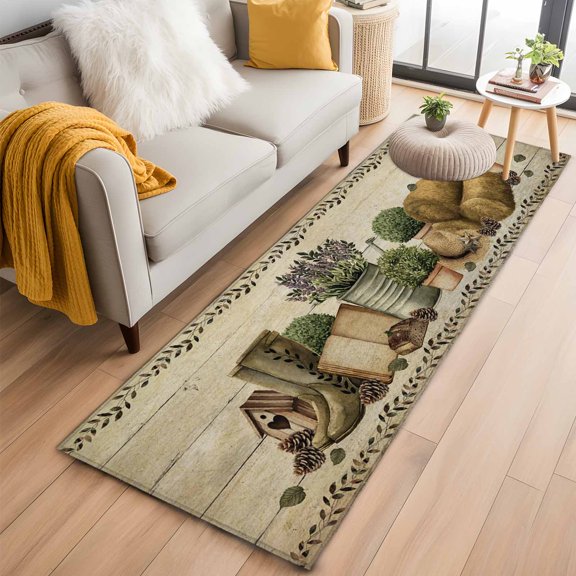 Area Rug 2x6ft Rustic Retro Book Boot Cap Area Rugs Washable Low Pile Floor Carpet for Bedroom, Vintage Farmhouse Wood Board Non Slip Soft Rugs for Living Room Entryway Dining Room