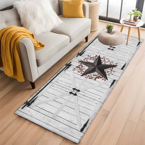 Area Rug 2x6ft Rusty Barn Star Berry Carpets Indoor Floor Area Mat Washable Entrance Mat Rugs for Living Room Dining Room Kitchen Bedroom, Rustic Farmhouse Door Wall Sofa Throw Carpet
