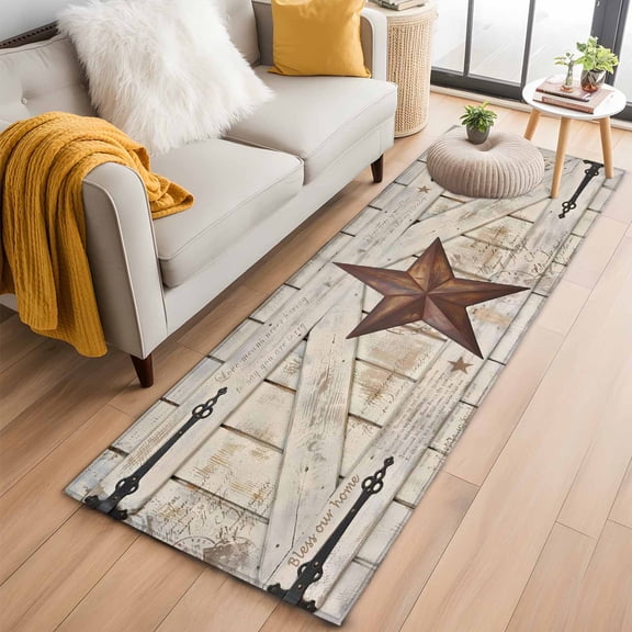 Area Rug 2x6ft Rusty Barn Star Doors Carpets Indoor Floor Area Mat Washable Entrance Mat Rugs for Living Room Dining Room Kitchen Bedroom, Brown Retro Rustic Walls Sofa Throw Carpet