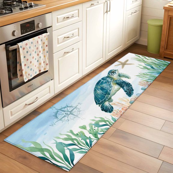 Area Rug 2x6ft Sea Turtle Washable Area Rugs for Living Room Marine Life Compass Starfish Non-Slip Kitchen Mats Soft Carpet for Entryway, Bathroom, Office, and Home Decor