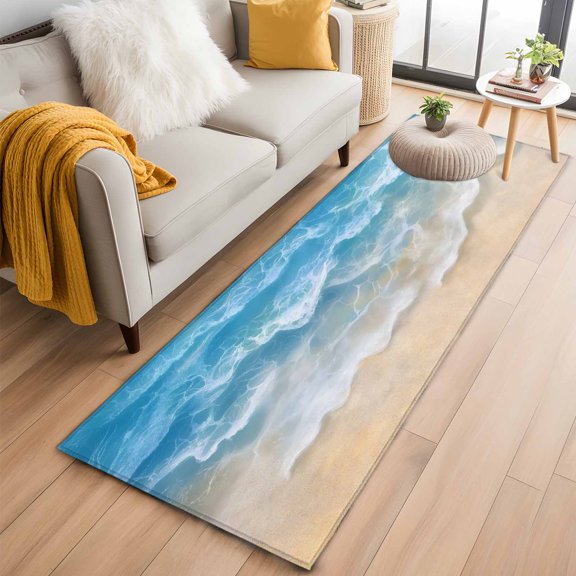 Area Rug 2x6ft Seaside Beach Blue Waves Area Rugs Washable Low Pile Floor Carpet for Bedroom, Summer Ocean Nautical Theme Non Slip Soft Rugs for Living Room Entryway Dining Room
