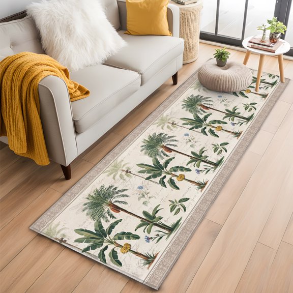 Area Rug 2x6ft Serene Botanical Print Area Rugs Washable Low Pile Floor Carpet for Bedroom, Beige Border Weathered Textures Non Slip Soft Rugs for Living Room Entryway Dining Room