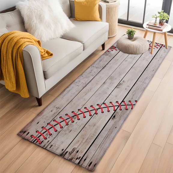 Area Rug 2x6ft Sports Baseball Texture Red Lines Area Rugs Washable Low Pile Floor Carpet for Bedroom, Farm Wooden Plank Non Slip Soft Rugs for Living Room Entryway Dining Room