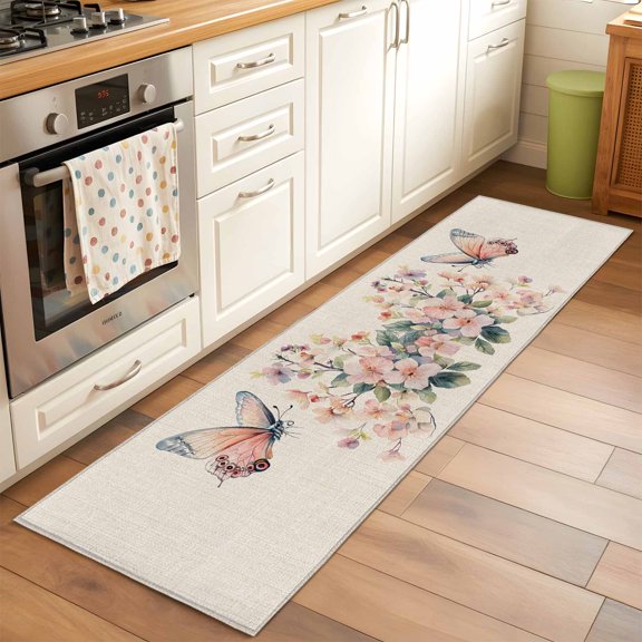 Area Rug 2x6ft Spring Flowers Pink Butterfly Washable Area Rugs for Living Room Linen Background Non-Slip Kitchen Mats Soft Carpet for Entryway, Bathroom, Office, and Home Decor