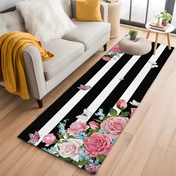 Area Rug 2x6ft Spring Rose Flower Butterfly Area Rugs Washable Low Pile Floor Carpet for Bedroom, Black White Stripe Non Slip Soft Rugs for Living Room Entryway Dining Room