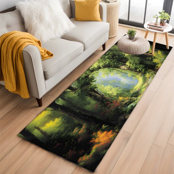 Area Rug 2x6ft Spring Watercolor Green Leaves Flower Area Rugs Washable Low Pile Floor Carpet for Bedroom, Forest Sunshine Non Slip Soft Rugs for Living Room Entryway Dining Room
