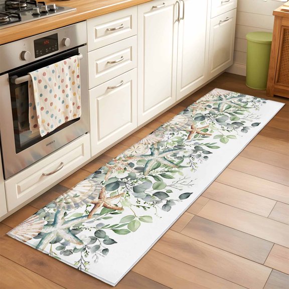 Area Rug 2x6ft Starfish Shell Washable Area Rugs for Living Room Green Eucalyptus Leaves Non-Slip Kitchen Mats Soft Carpet for Entryway, Bathroom, Office, and Home Decor