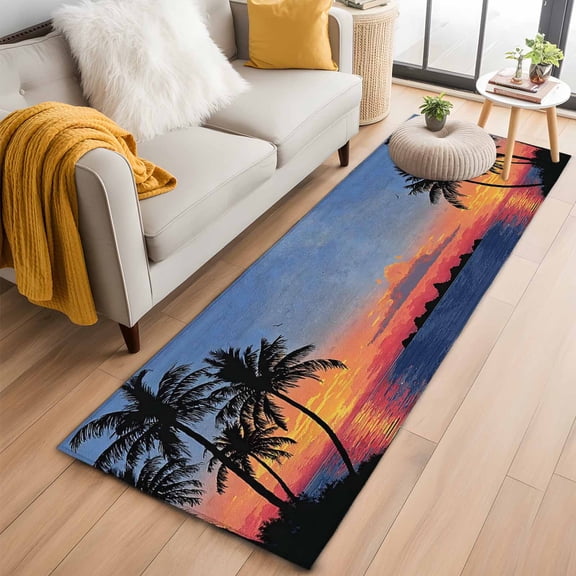 Area Rug 2x6ft Summer Coastal Palms Ocean Dusk Sunset Area Rugs Washable Low Pile Floor Carpet for Bedroom, Tropical Island Non Slip Soft Rugs for Living Room Entryway Dining Room