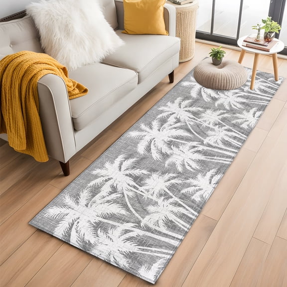Area Rug 2x6ft Summer Palm Tree on Gray Area Rugs Washable Low Pile Floor Carpet for Bedroom, Beach Plant Linen Texture Non Slip Soft Rugs for Living Room Entryway Dining Room