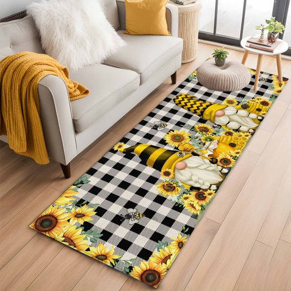 Area Rug 2x6ft Sunflower Dwarf Bee Green Leaves Area Rugs Washable Low Pile Floor Carpet for Bedroom, Black White Checkered Non Slip Soft Rugs for Living Room Entryway Dining Room