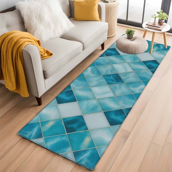 Area Rug 2x6ft Teal Blue Diamond Carpets Indoor Floor Area Mat Washable Entrance Mat Rugs for Living Room Dining Room Kitchen Bedroom, Modern Geometric Lines Sofa Throw Carpet